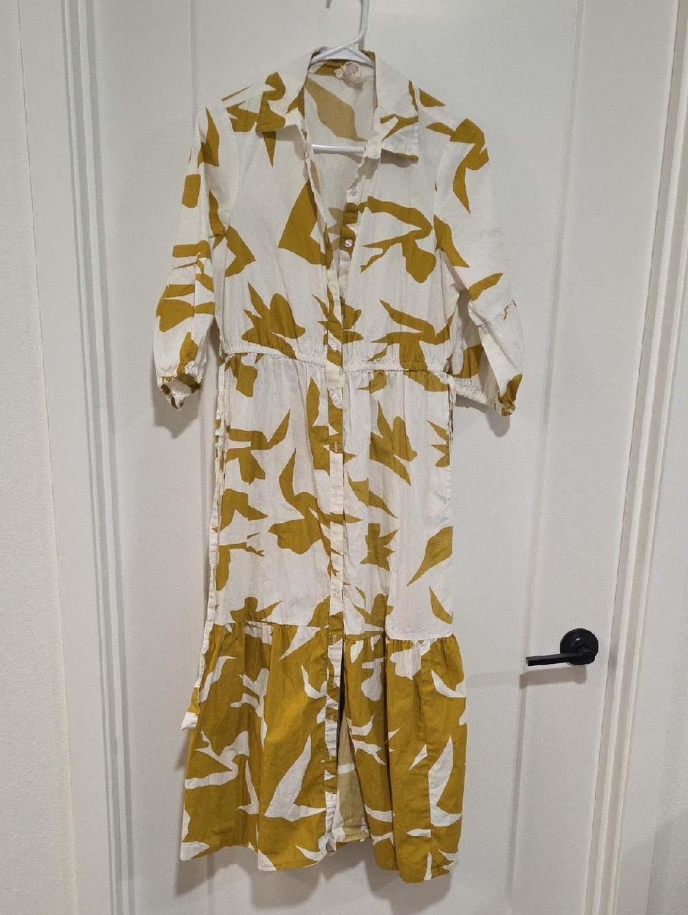 White Maxi Shirt Dress with Mustard Abstract Print